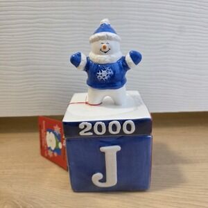 Houston Harvest JOY TO THE WORLD Blue 2000 Snowman Christmas Candy Jar Figurine
